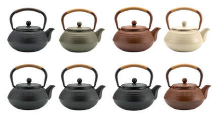 Eight cast iron teapots, varying colors, wooden handles, arranged in two rows