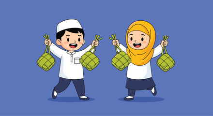 Two young Muslim children, a boy and a girl, running with joy while holding green ketupat decorations for the celebration of Eid al Fitr holiday.