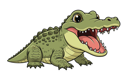 Obraz premium Cute green crocodile with a friendly face and scaly skin stands with its mouth open showing teeth in a playful vector illustration.