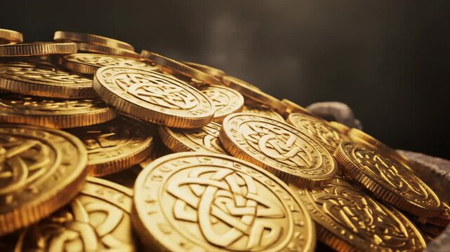 Close-up of a pile of gold coins with Celtic knot designs in a dark cauldron. Slow zoom into a pot of gold treasure. St. Patrick's Day and wealth concept