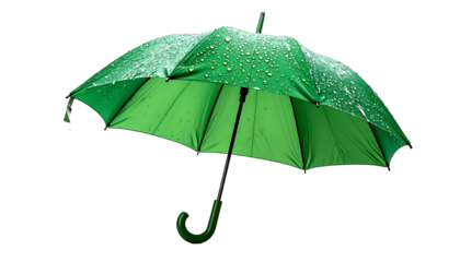 Vivid green open umbrella, angled, with droplets, isolated against black background