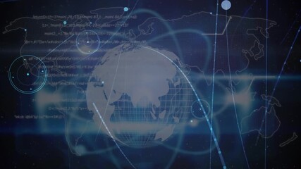 Animation of network of connections and data processing over globe in background - Powered by Adobe