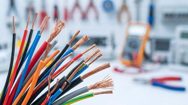 Vibrant electrical wires with exposed copper strands, ready for connection. Blurred workshop background features tools like a multimeter, symbolizing electrical work