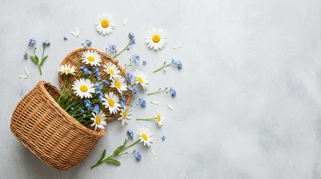 Flowers and basket for International Women's Day on 8 March in a flatlay arrangement