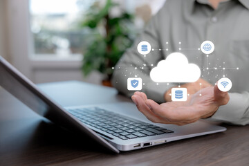 Business technology concept of cloud computing, data management, and cybersecurity. Digital network infrastructure with secure data flow, cloud services, and modern enterprise solutions.