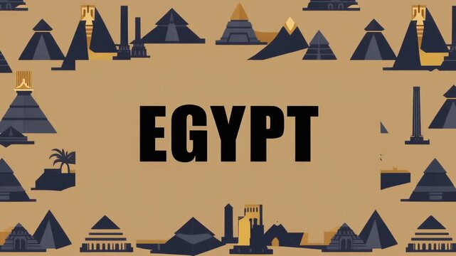 Egypt bold text animation with flat icons of pyramids, sphinx, and palm trees on a sand beige background. Iconic ancient civilization and desert travel motion graphics.