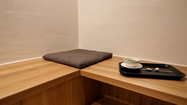 Minimalist corner bench cushion tray with wooden bench corner seat gray cushion black tray white cup green tea teaspoon dessert japanese style calm morning ritual aesthetic tea corner warm wood