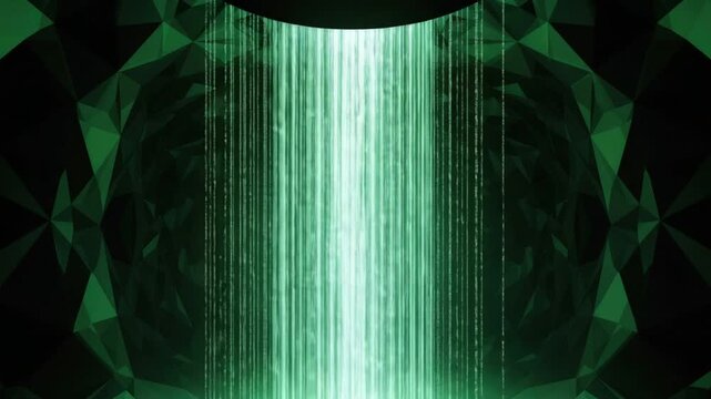 Emerald Matrix: Futuristic Low Poly Geometric Background with Cascading Green Code Rain, Vector Illustration for Tech and Digital Concepts