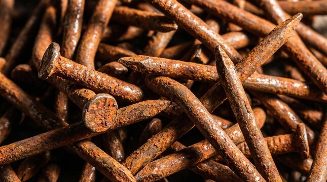Pile of old rusted iron nails showing corrosion texture