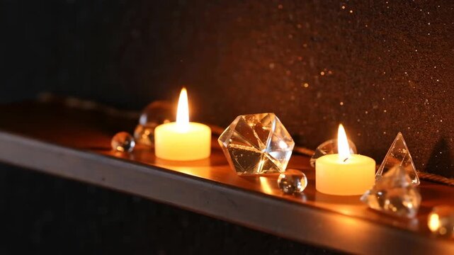 Calm candle flame morning ritual aesthetic glow with tealight fire light on wooden shelf and glass crystal decor in dark cozy interior creates soft soothing relaxing home mood with warm dreamy bokeh