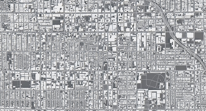 3D render map of Hollywood, Los Angeles City view. 3D illustration of a top view of Hollywood, Los Angeles, USA.
