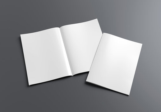 Magazine cover and open magazine Mockup on grey background with shadows. 3D rendering