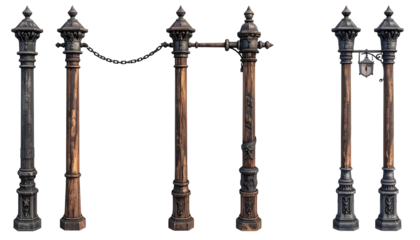 Group of weathered, ornamental posts in various stages of connection on black background