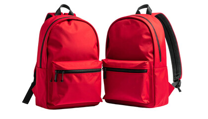 Fototapeta premium Two identical red backpacks with black accents, front pockets, and padded shoulder straps