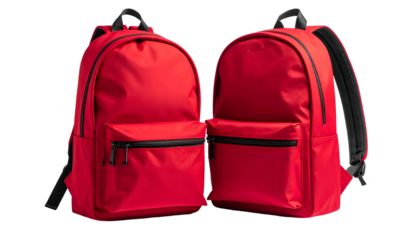 Two identical red backpacks with black accents, front pockets, and padded shoulder straps