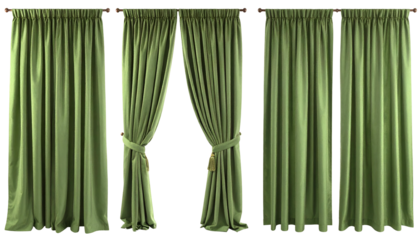 Three olive green drapery panels, one partially open, hanging against a dark background