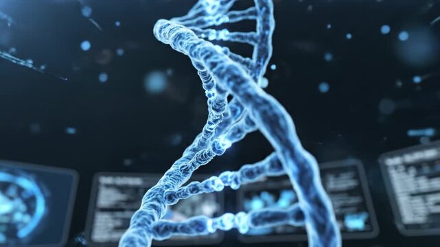 Blue DNA helix close up molecular structure glowing laboratory visualization with blurred data screens and particles conveying scientific research and genetic technology exploration fused with