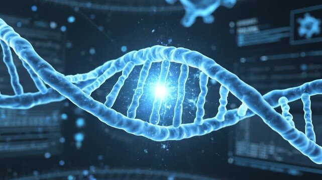 Blue glowing DNA double helix strand molecular structure genetic sequence biotechnology laboratory visualization with digital data overlays conveying genetics research and microscopic science