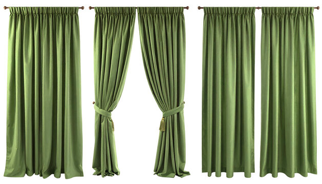 Three olive green drapery panels, one partially open, hanging against a dark background