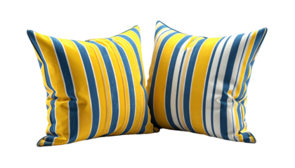 Two puffy striped square pillows, golden yellow and blue, against a black backdrop
