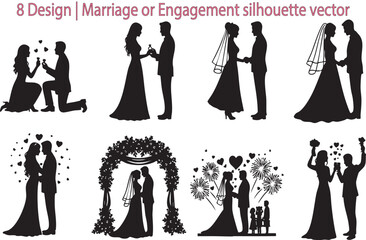 Fototapeta premium Silhouette vector of romantic couples in elegant wedding or engagement scenes with proposal love