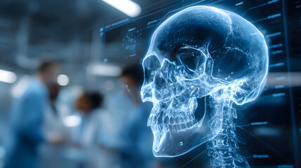 Human Skull Spine Xray Monitor Screen Medical Laboratory Science Hospital Research Doctor Healthcare Technology Digital Scan