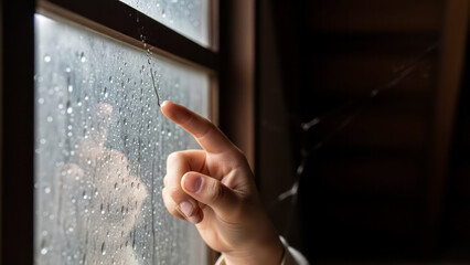 Child's Hand Touching Rainy Window Water Droplets Indoor Serene. Concept featuring child, hand, window, rain, water droplets.