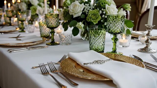 Elegant formal dinner table setting with green crystal glasses and gold plates. Sophisticated wedding reception or St. Patrick's Day banquet decor. Luxury event catering concept