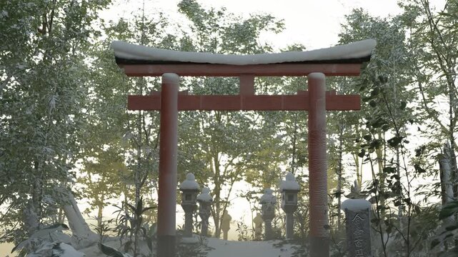 Old snow covered natural path in front of torii gate and stone lantern in the evening sunlight. Concept ancient Japanese Shrine