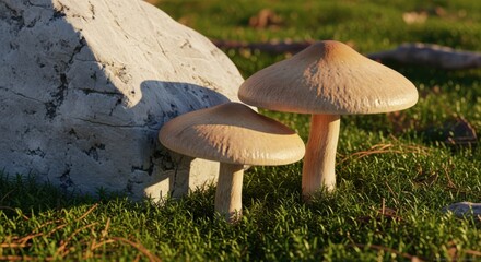 Fototapeta premium Pair of Wild Mushrooms Flourishing beside a Boulder in Sunny Grassland – High-Detail 3D Nature Visualization for Ecology.