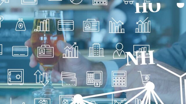 Animation of business icons over caucasian businessman with drink