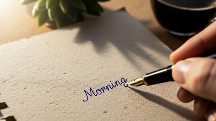 Fototapeta premium Morning Writing with Coffee Notebook Pen Hand. Concept featuring morning, writing, notebook, coffee, pen.