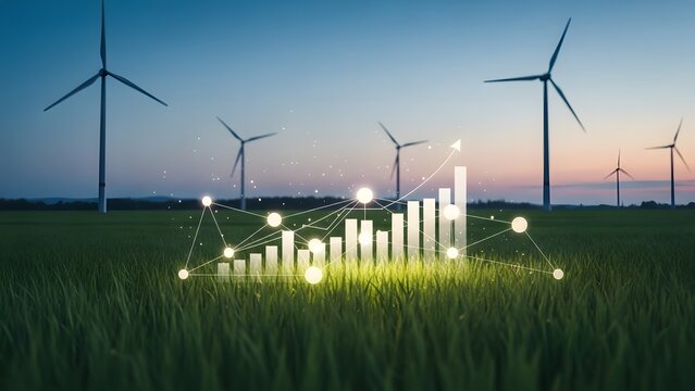 Wind turbines in a green field with digital growth data. Renewable energy and sustainable economy. Glowing bar chart overlay on a landscape with wind power farm