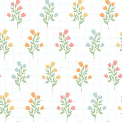 Tulips with leaves seamless pattern on checkered background for textile prints, wallpaper, apparel decor, stationery, wrapping paper, banners, bedding, etc. EPS 10