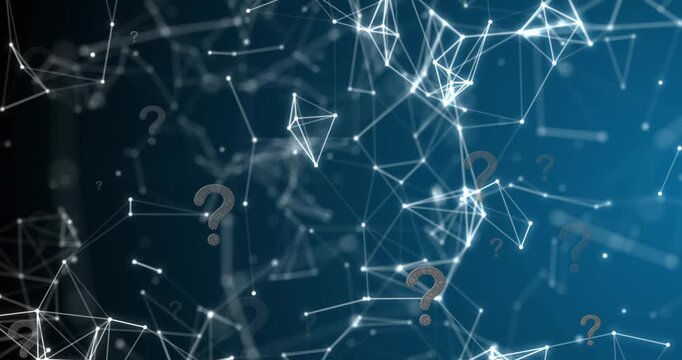 Animation of question mark icons over network of connections on blue background