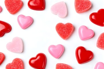 Obraz premium Colorful pattern of red and pink heart shaped candies scattered on a bright white background, creating a sweet minimal composition perfect for Valentine s Day, love themed cards and party designs.