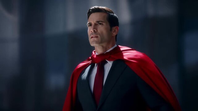 Businessman wearing super hero cape. Confident man wearing superhero cape and mask taking suit off against blue sky with clouds in the city. Confident professional strong man