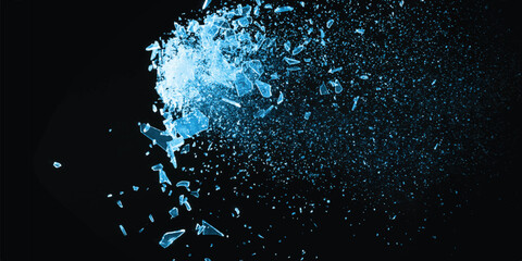 Particles of blue ice. Broken glass on the black background. Isolated realistic cracked glass effect	