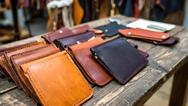 Close-up of various handcrafted leather wallets in different colors, displayed on a wooden surface