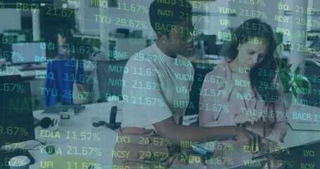 Animation of financial data processing over delivery man and van - Powered by Adobe