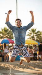 Young man in casual denim shirt and floral shorts jumping joyfully at beach  