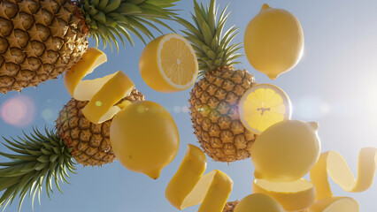 Abstract arrangement of exotic fruits including pineapples and lemons  