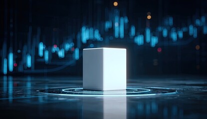 A luminous white cube stands on a glowing platform before a blurred stock chart background