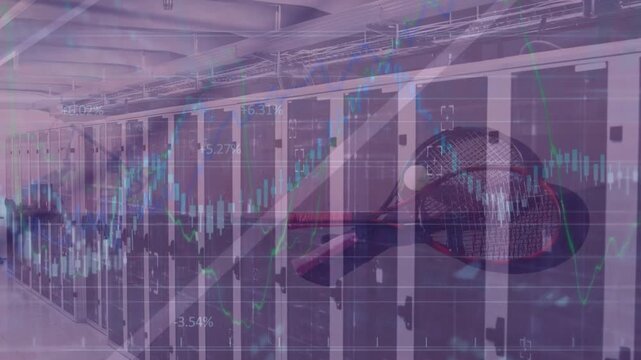 Animation of green line and financial data processing over fit woman using laptop