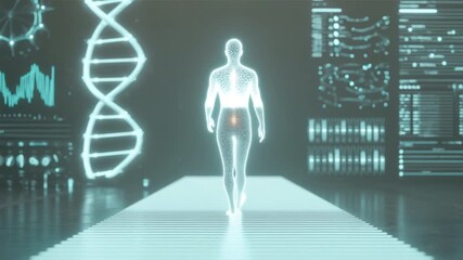 Futuristic holographic human silhouette walking on a digital pathway, surrounded by data visualizations and DNA strands. - Powered by Adobe