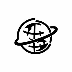 Black and white minimalist globe icon with orbit ring symbolizing global connectivity communication and technology network concept vector design