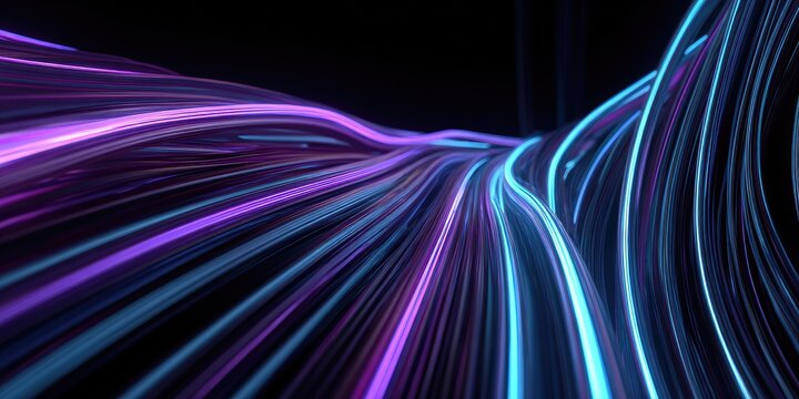 Glowing streams of purple and blue lines flowing across a dark background