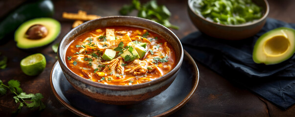 Creative food template. Comforting bowl of Creamy Chicken Enchilada soup broth with shredded meat, beans, corn, avocado, cilantro, and tortilla strips on rustic concrete background. copy text space. 