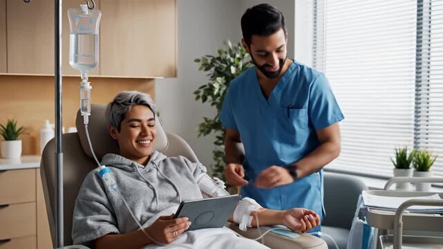 Smiling patient receiving intravenous infusion comfortable clinic chair with friendly nurse adjusting IV while patient uses tablet relaxed medical healthcare treatment infusion therapy bright modern