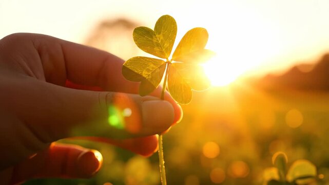 Hand holding a four-leaf clover against a golden sunset. Lucky green shamrock symbol with sun flare. St. Patrick's Day concept
